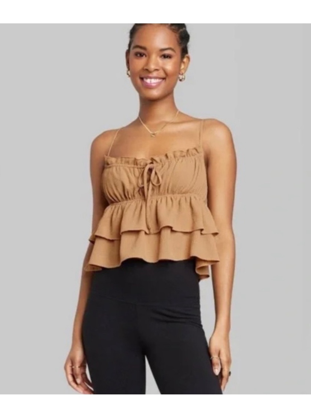Women's Tan Ruffle Tiered Spaghetti Strap Crop Top